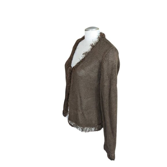 Chicos Womens Button Front Fringed Cardigan Size Medium Brown Knit Linen Blend - Picture 5 of 7